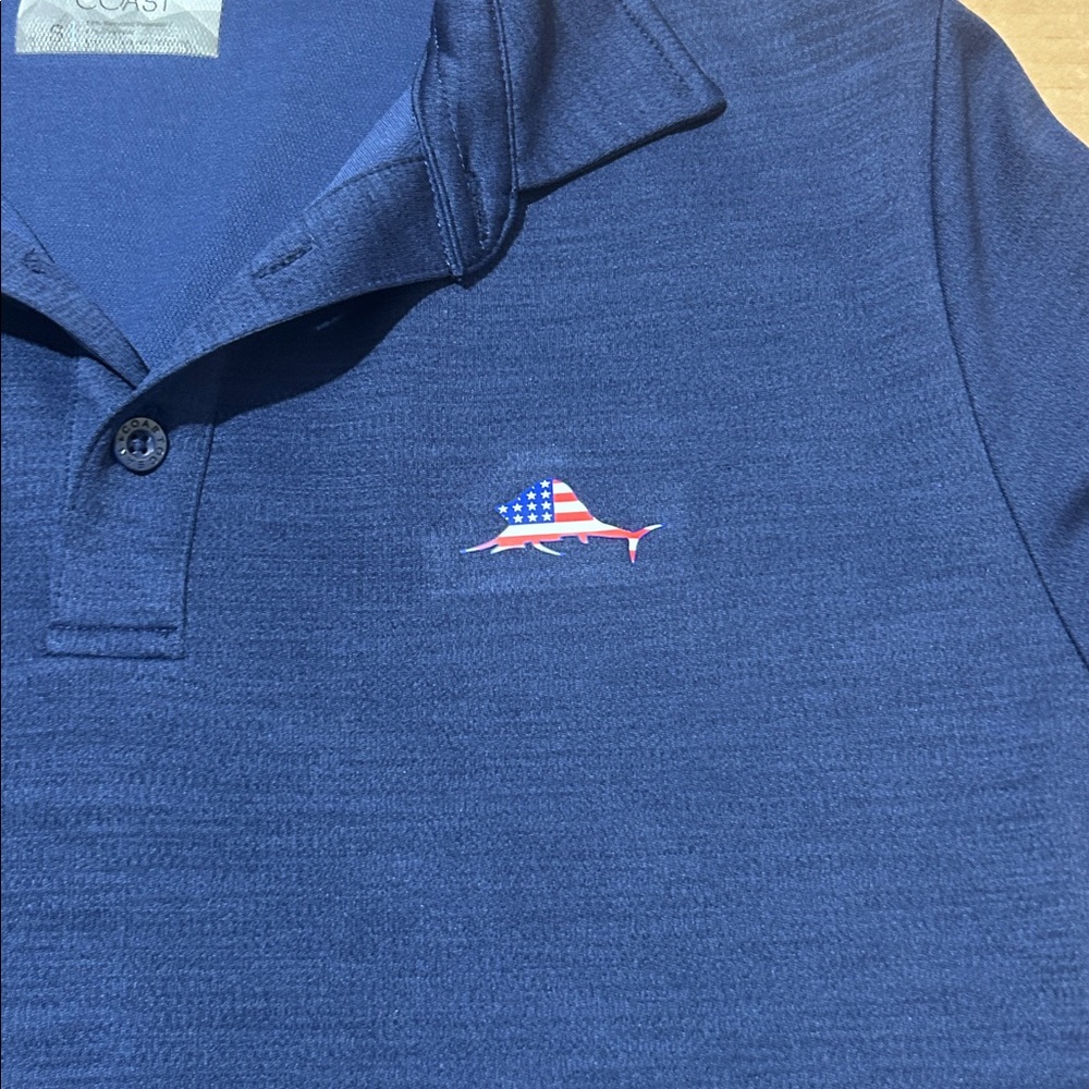 Ocean coast Small Navy Polo Shirt with American Flag Marlin Logo